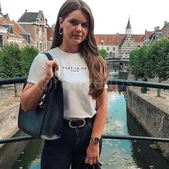 White Graphic French Text Print Tee Shirt Short Sleeve Crew Neck - Picture 13 of 17